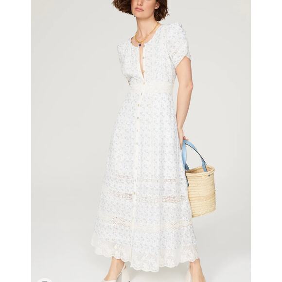 LoveShackFancy Dresses & Skirts - LoveShackFancy White Blue Calico Midi Dress SIZE 2 Cottage Cotton Peasant $465